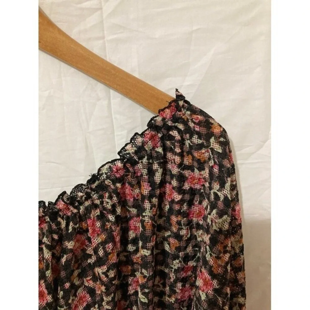 Free People Floral Mesh Blouse Womens Size Medium Black Pink Boho Core 90s Magic